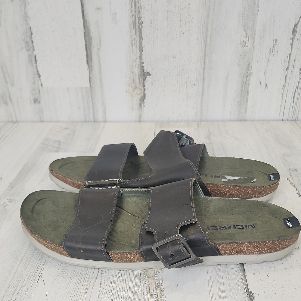 Merrell Men's Olive Brown Leather Slide Sandals Performance Footwear Size 13